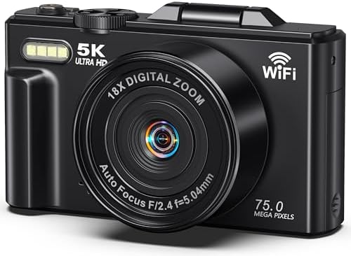 Digital Camera, 5K Video, 75 Million Pixels, Digital Camera, Transmits to Smartphones, WiFi Transmission Function, 18X Digital Zoom, 32 GB, Micro SD Card Included, AF Autofocus, LED Light, Webcam, 3.0