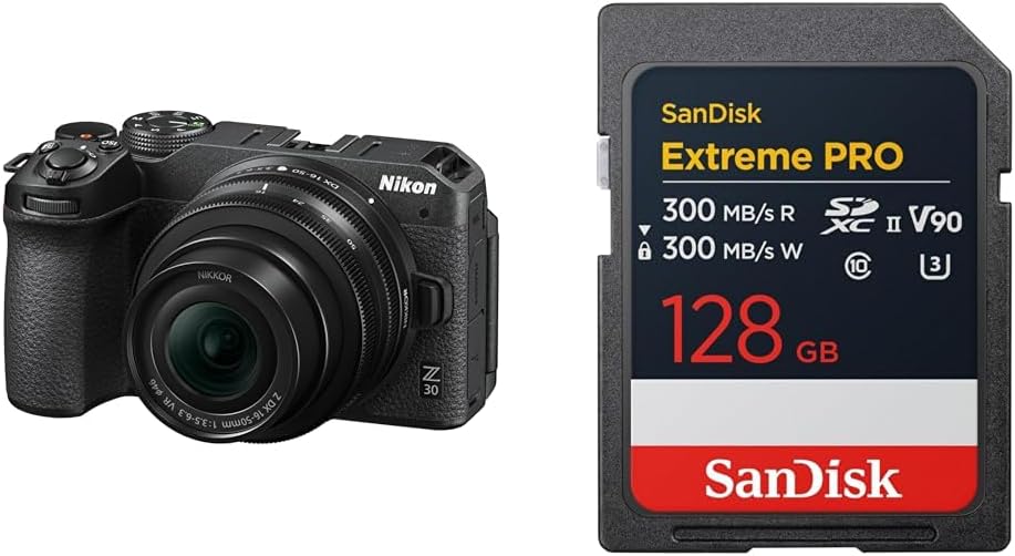 Nikon Z30 Mirrorless SLR Z30 16-50 VR Lens Kit, Z Mount, APS-C Video Vlog, Image Stabilization Black + [SanDisk Genuine] SD Card, 128GB SDXC, Class 10, UHS-II V90, Read Up to 300 MB, San/s PRO SDSDXDM