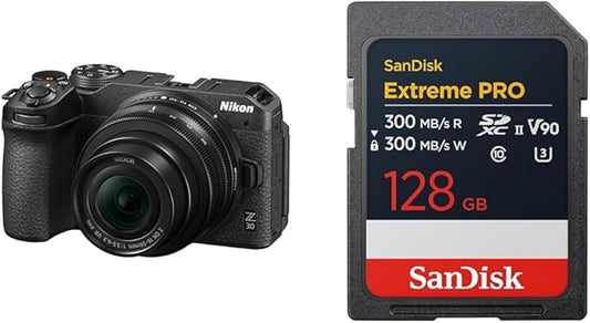 Nikon Z30 Mirrorless SLR Z30 16-50 VR Lens Kit, Z Mount, APS-C Video Vlog, Image Stabilization Black + [SanDisk Genuine] SD Card, 128GB SDXC, Class 10, UHS-II V90, Read Up to 300 MB, San/s PRO SDSDXDM