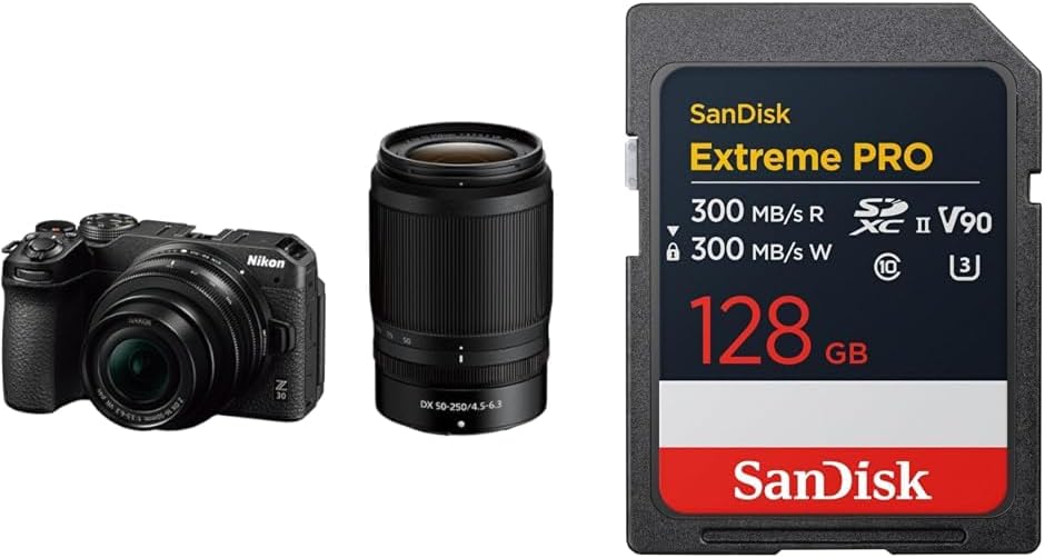 Nikon Z30 Mirrorless SLR Z30 16-50 VR Lens Kit, Z Mount, APS-C Video Vlog, Image Stabilization Black + [SanDisk Genuine] SD Card, 128GB SDXC, Class 10, UHS-II V90, Read Up to 300 MB, San/s PRO SDSDXDM