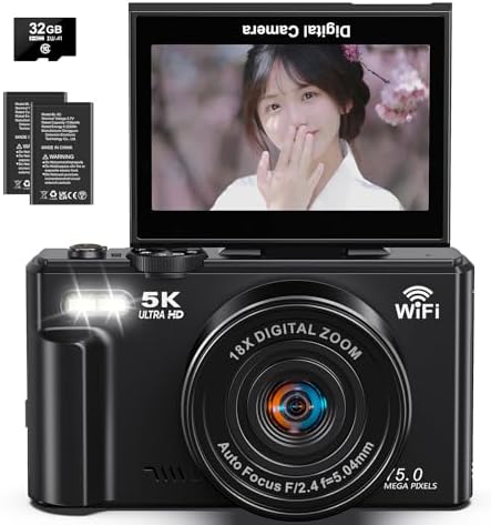 Digital Camera, 5K Video, 75 Million Pixels, Digital Camera, Transmits to Smartphones, WiFi Transmission Function, 18X Digital Zoom, 32 GB, Micro SD Card Included, AF Autofocus, LED Light, Webcam, 3.0