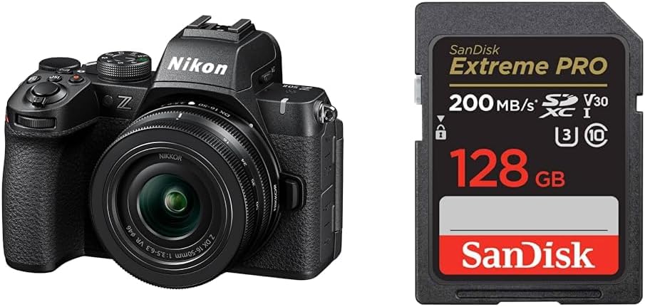 Nikon Mirrorless SLR Z50II 16-50 VR Lens Kit with Standard Zoom APS-C Z Mount + [SanDisk Genuine] SD Card, 128 GB SDXC Class 10, UHS-I V30, Up to 200MB/s Reading, SanDisk Extreme PRO SDSDXXD