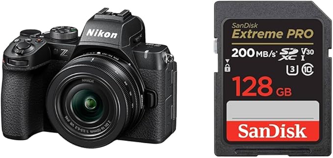 Nikon Mirrorless SLR Z50II 16-50 VR Lens Kit with Standard Zoom APS-C Z Mount + [SanDisk Genuine] SD Card, 128 GB SDXC Class 10, UHS-I V30, Up to 200MB/s Reading, SanDisk Extreme PRO SDSDXXD