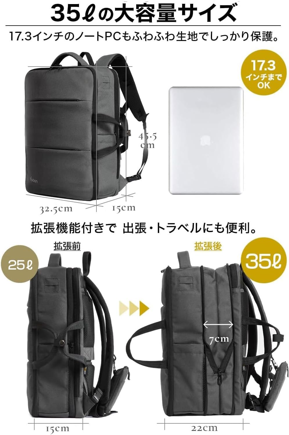 Evoon Men's Multi Business Backpack 4.0 Rucksack, Business Backpack, 9.8 gal (35 L), Large Capacity, Travel Bag, Expansion Function, Water Repellent, USB, 15.6 inch