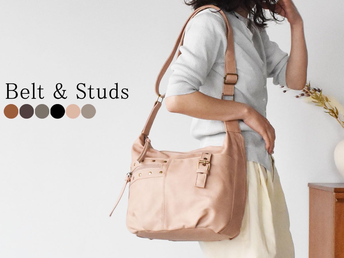 (Antique Design) Women's Shoulder Bag, Cross-body, Lightweight, Studded Design, Stylish, Synthetic Leather, Adult, Cute, For Work or School, Black, Gray, Brown, Pink, Camel, Bronze