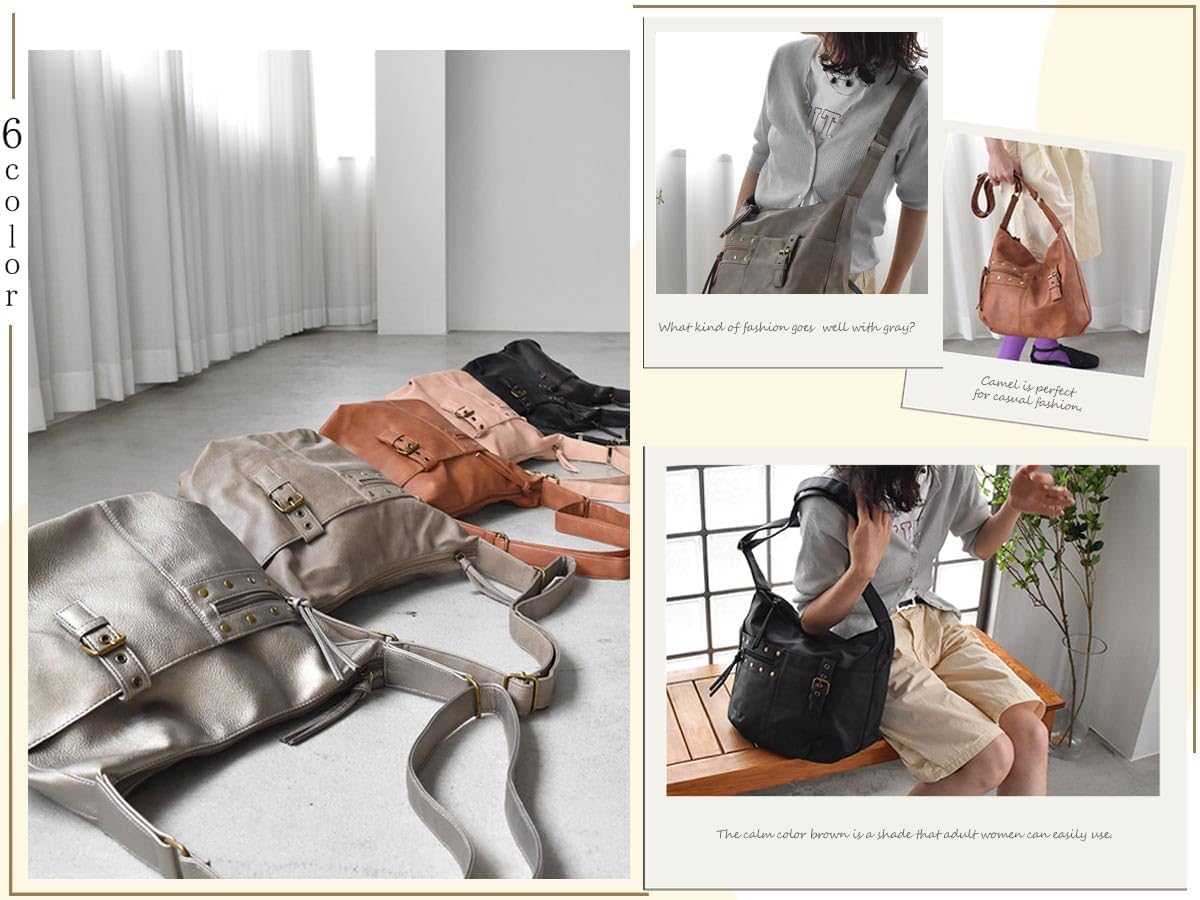 (Antique Design) Women's Shoulder Bag, Cross-body, Lightweight, Studded Design, Stylish, Synthetic Leather, Adult, Cute, For Work or School, Black, Gray, Brown, Pink, Camel, Bronze