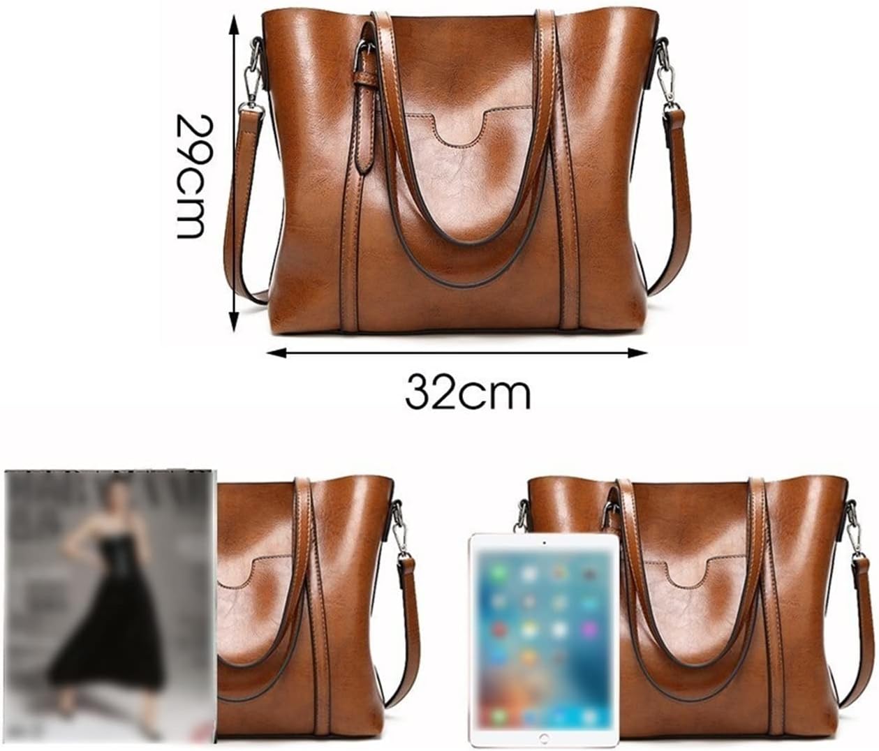 Women Leather Handbag Luxury Lady Tote Bag Portable Shoulder Bag (Color: Green, Size: 32x26x12cm)