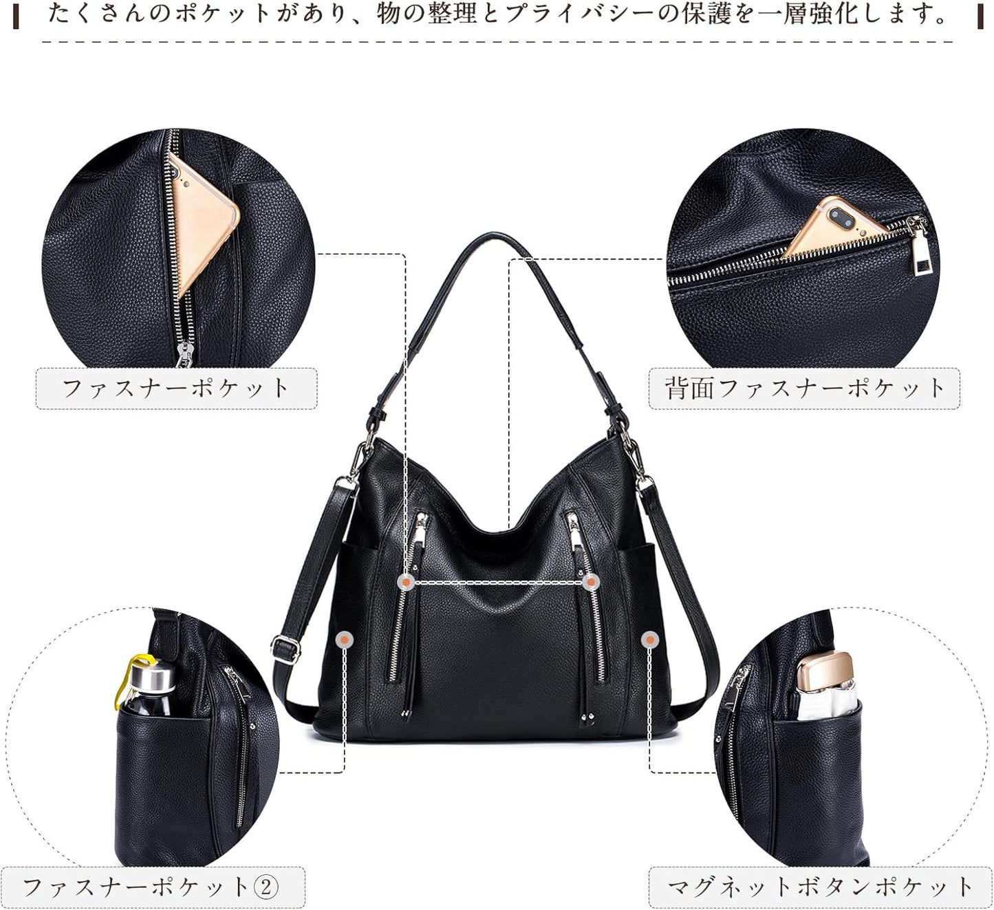 MFFOR Women's Shoulder Bag, Genuine Leather, Large Capacity, Tote Bag, Many Pockets, Handbag, Business Bag, High-End Look, Office, Commute, School, Simple, Casual, Popular