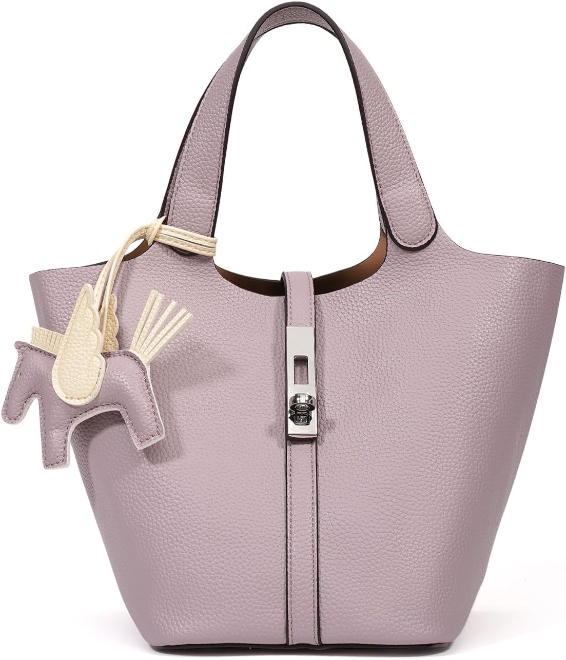 Women's Leather Tote Bag, Small, Cute, Fashionable, Large Capacity, Lightweight, Commuting, Popular, High Visibility, Simple, Soft, Freestanding, Inner Pocket Included, Charm Included