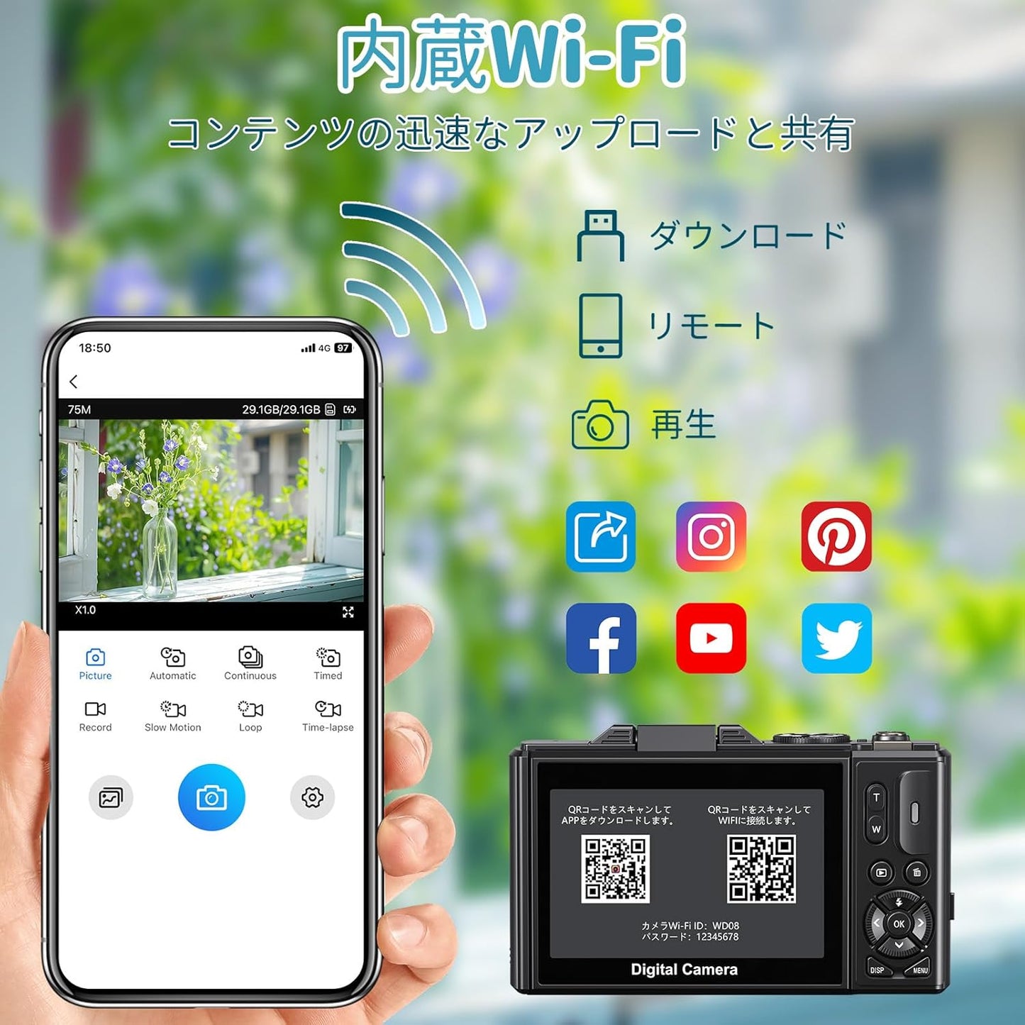 Digital Camera, 5K Video, 75 Million Pixels, Digital Camera, Transmits to Smartphones, WiFi Transmission Function, 18X Digital Zoom, 32 GB, Micro SD Card Included, AF Autofocus, LED Light, Webcam, 3.0