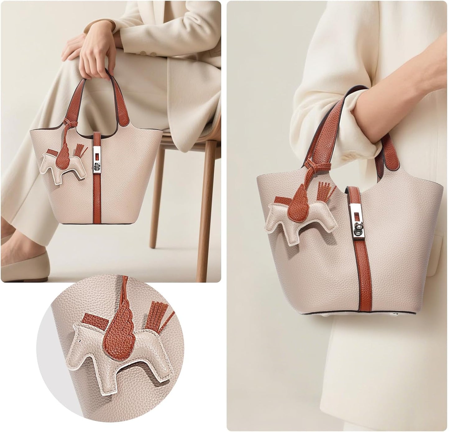 Women's Leather Tote Bag, Small, Cute, Fashionable, Large Capacity, Lightweight, Commuting, Popular, High Visibility, Simple, Soft, Freestanding, Inner Pocket Included, Charm Included