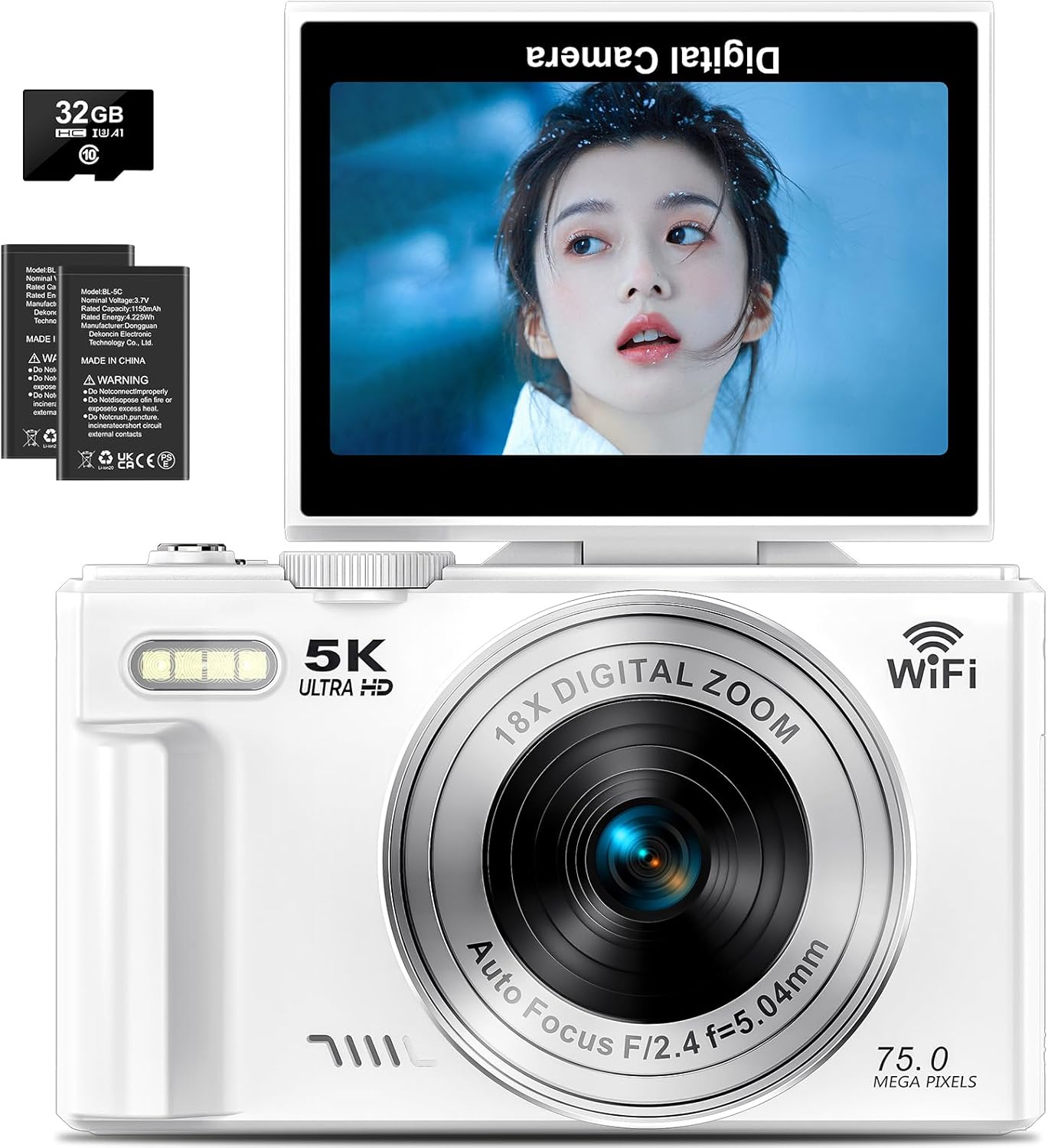 Digital Camera, 5K Video, 75 Million Pixels, Digital Camera, Transmits to Smartphones, WiFi Transmission Function, 18X Digital Zoom, 32 GB, Micro SD Card Included, AF Autofocus, LED Light, Webcam, 3.0