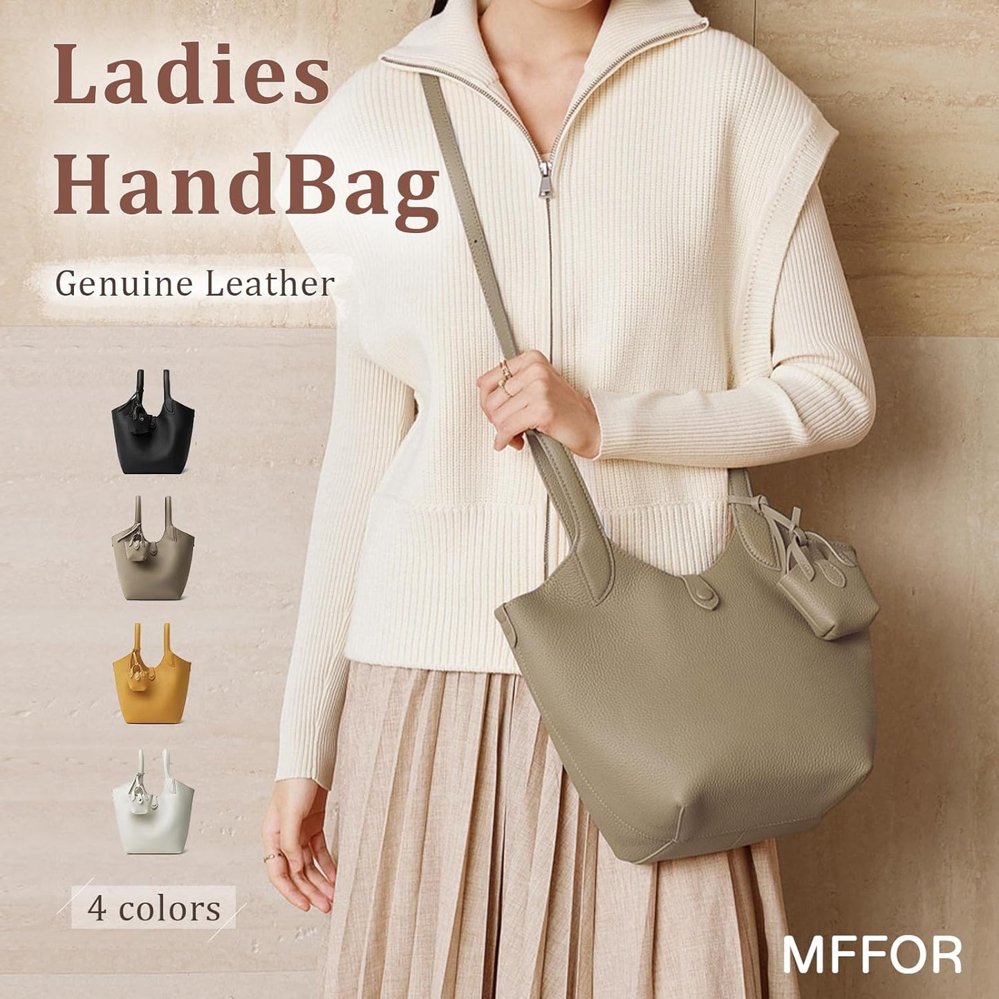 MFFOR Women's Handbag, Shoulder Bag, 2-Way, Genuine Leather, Inner Bag Included, Mini Pouch Included, Adjustable Length, Large Capacity, Casual, Commuting, Simple, Stylish