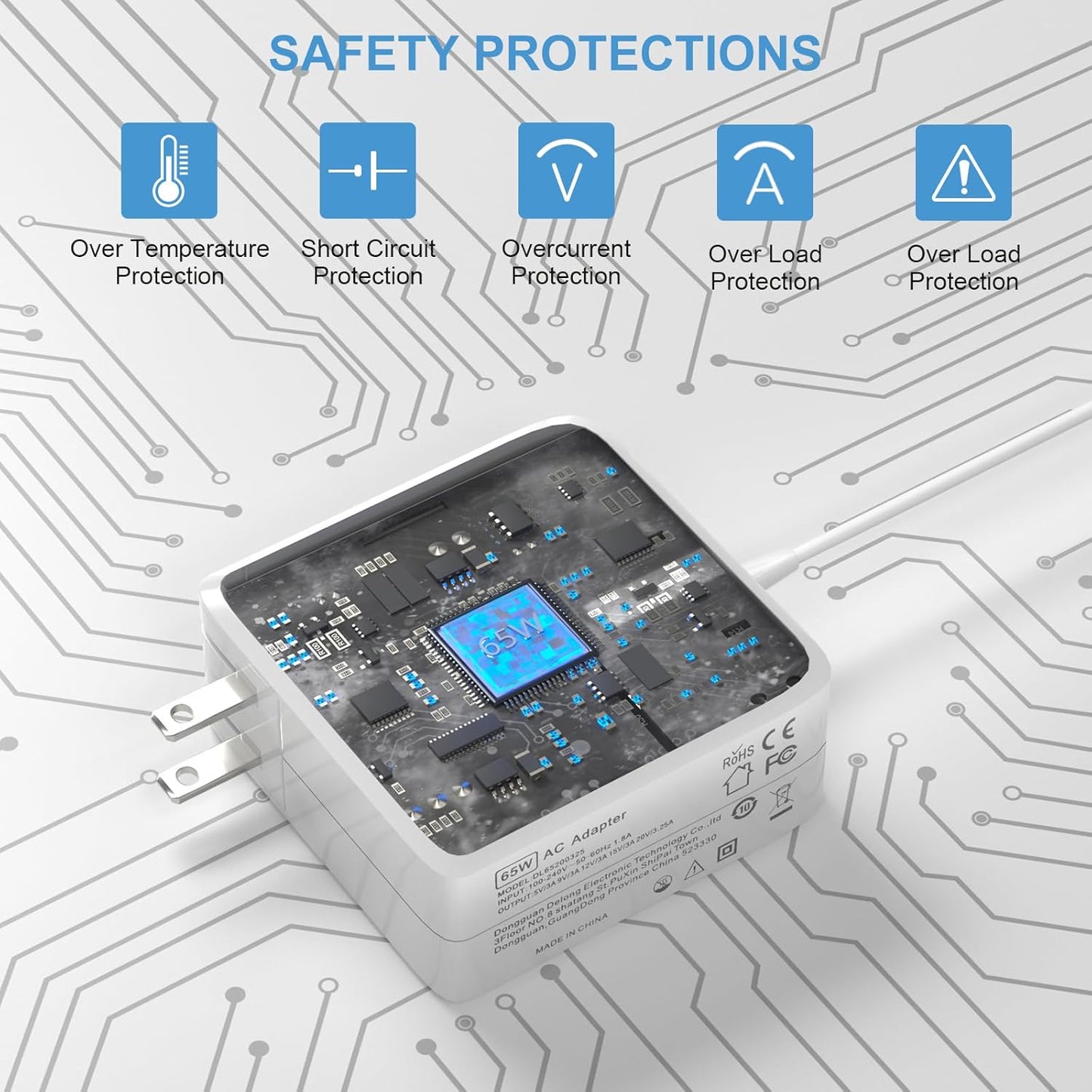 65W Charger Type-C PD Compatible for Macbook Laptops, 1.8m Cable PC Charger Type C, (PD Compatible/Fast Charger/Folding Plug) 20V 3.25A 65W Power Supply AC Adapter