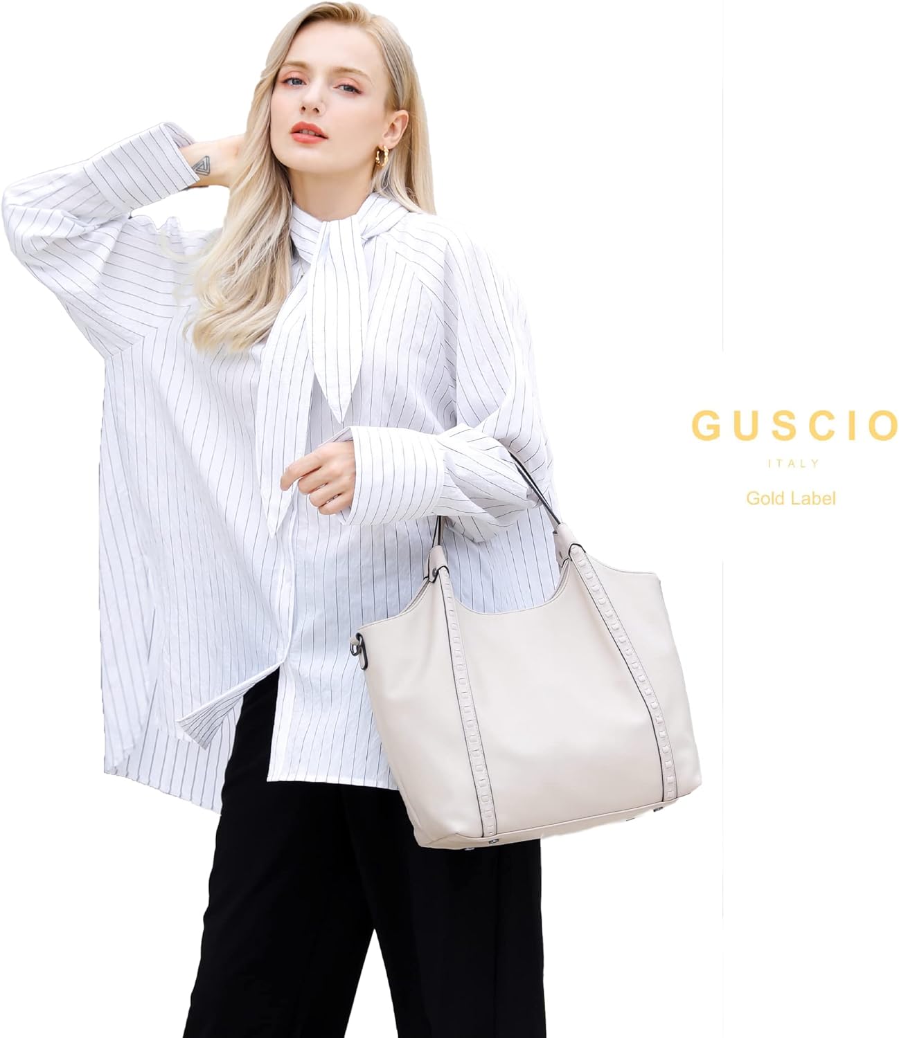Guscio Italy 171077 [Fashion Magazine oggi.jp Featured] Tote Bag 【2-Piece Set with Pochette】 A4 & PC Storage Shoulder Included On/Off Use High-Quality PU Leather Recruit Commute Business Women's Italy