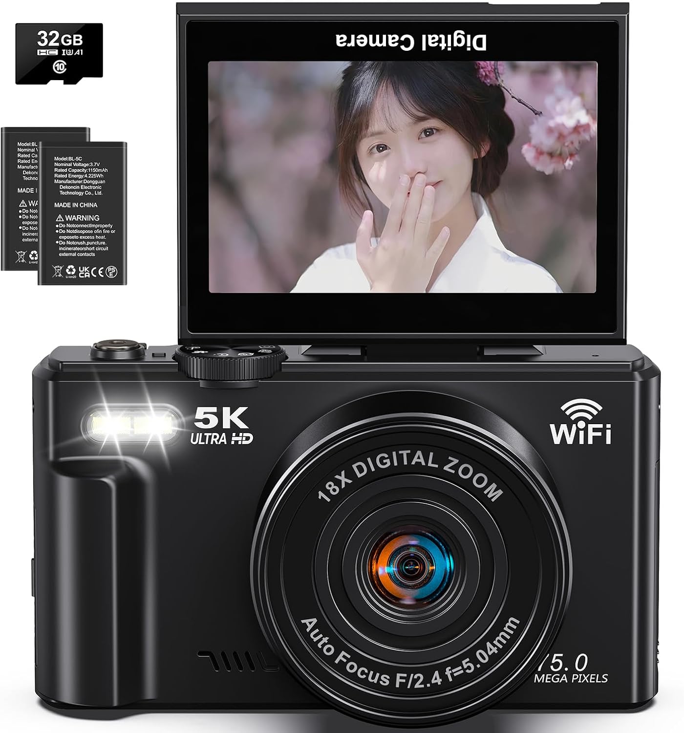Digital Camera, 5K Video, 75 Million Pixels, Digital Camera, Transmits to Smartphones, WiFi Transmission Function, 18X Digital Zoom, 32 GB, Micro SD Card Included, AF Autofocus, LED Light, Webcam, 3.0