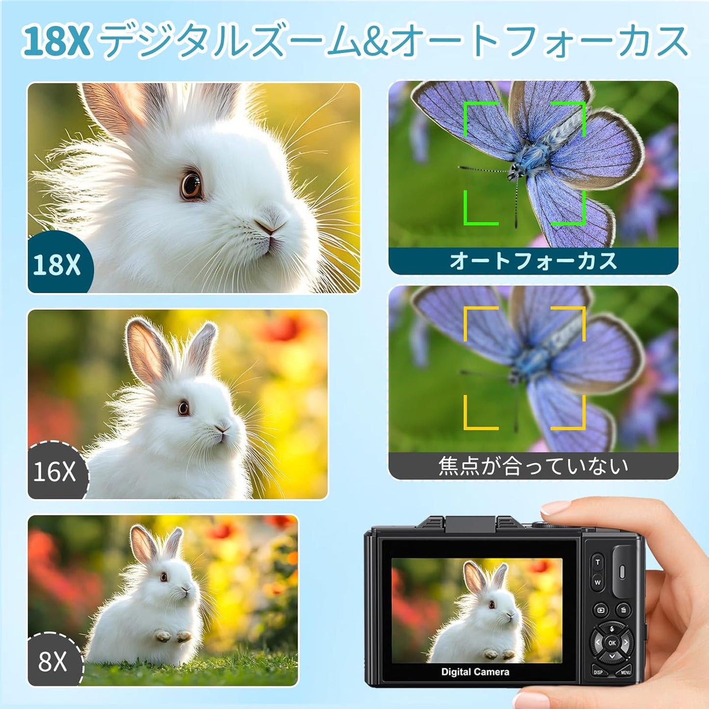 Digital Camera, 5K Video, 75 Million Pixels, Digital Camera, Transmits to Smartphones, WiFi Transmission Function, 18X Digital Zoom, 32 GB, Micro SD Card Included, AF Autofocus, LED Light, Webcam, 3.0