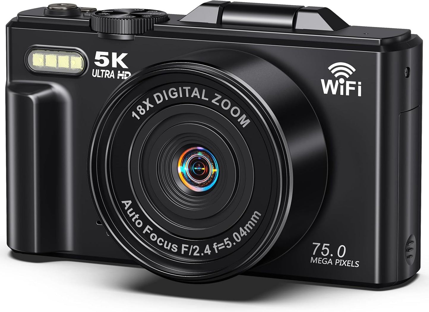 Digital Camera, 5K Video, 75 Million Pixels, Digital Camera, Transmits to Smartphones, WiFi Transmission Function, 18X Digital Zoom, 32 GB, Micro SD Card Included, AF Autofocus, LED Light, Webcam, 3.0