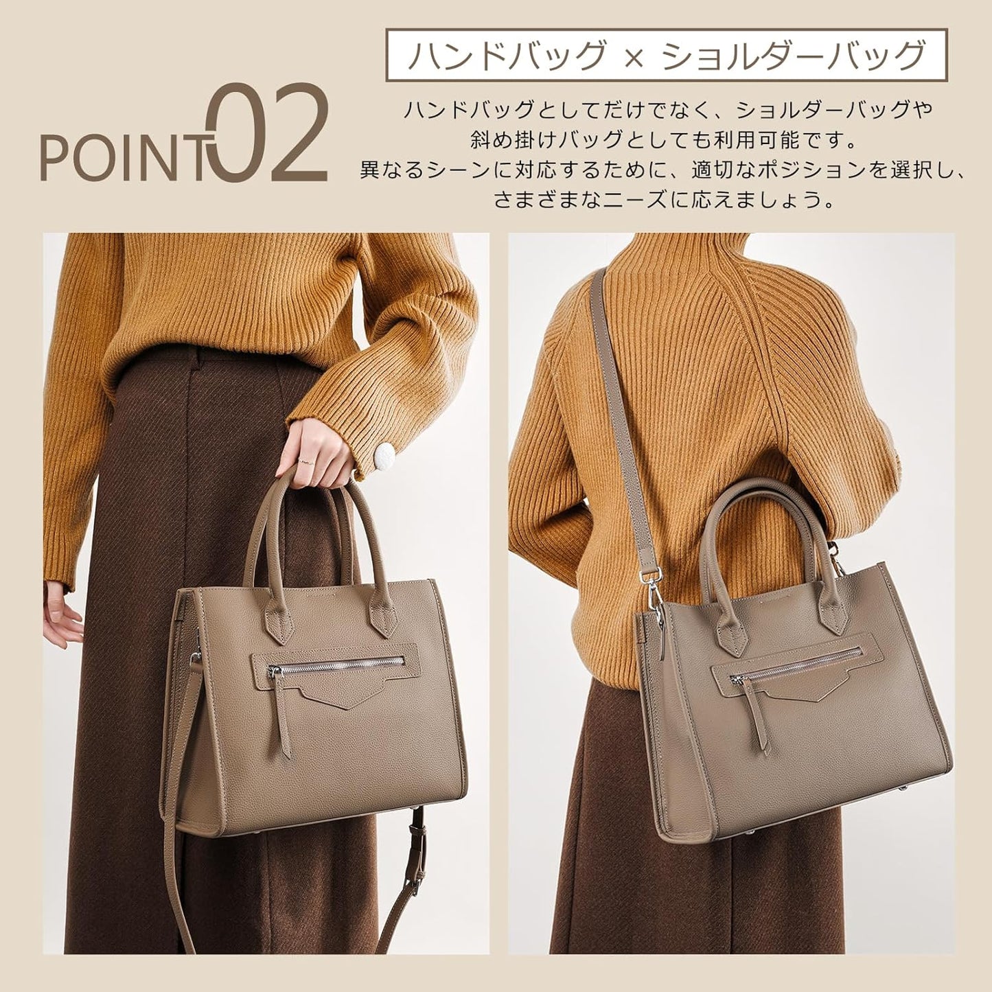 MFFOR Genuine Leather Women's 2-Way Commuting Bag Shoulder Bag with Studded Bottom Large Capacity Square Elegant Business Soft Handbag Hand-held Diagonal Shoulder Strap Casual Popular Crossbody Bag