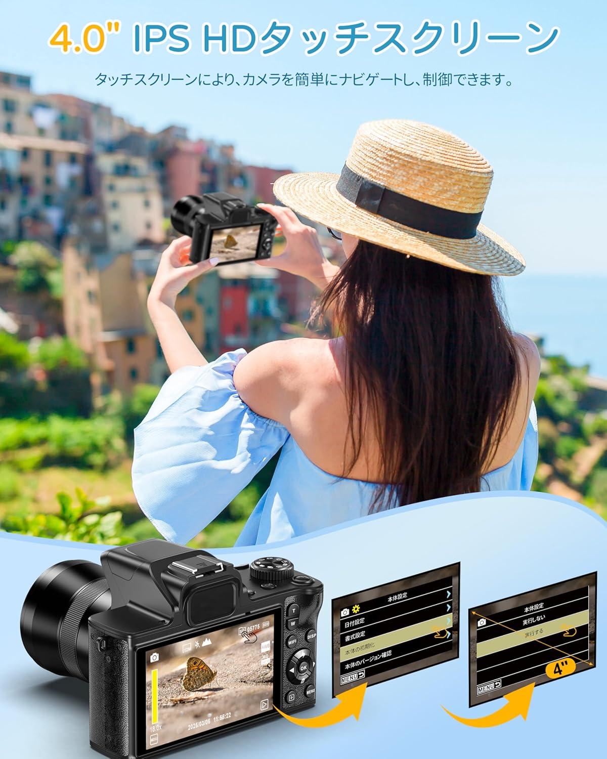 Digital Camera, 5K 80 Megapixels, SLR Camera, Wi-Fi Function, Auto Focus/Macro Shooting, Digital Camera, 18x Digital Zoom, App Controlled, Screen, 4.0 Inches, IPS, Touch Screen, Selfie, 32GB Micro SD