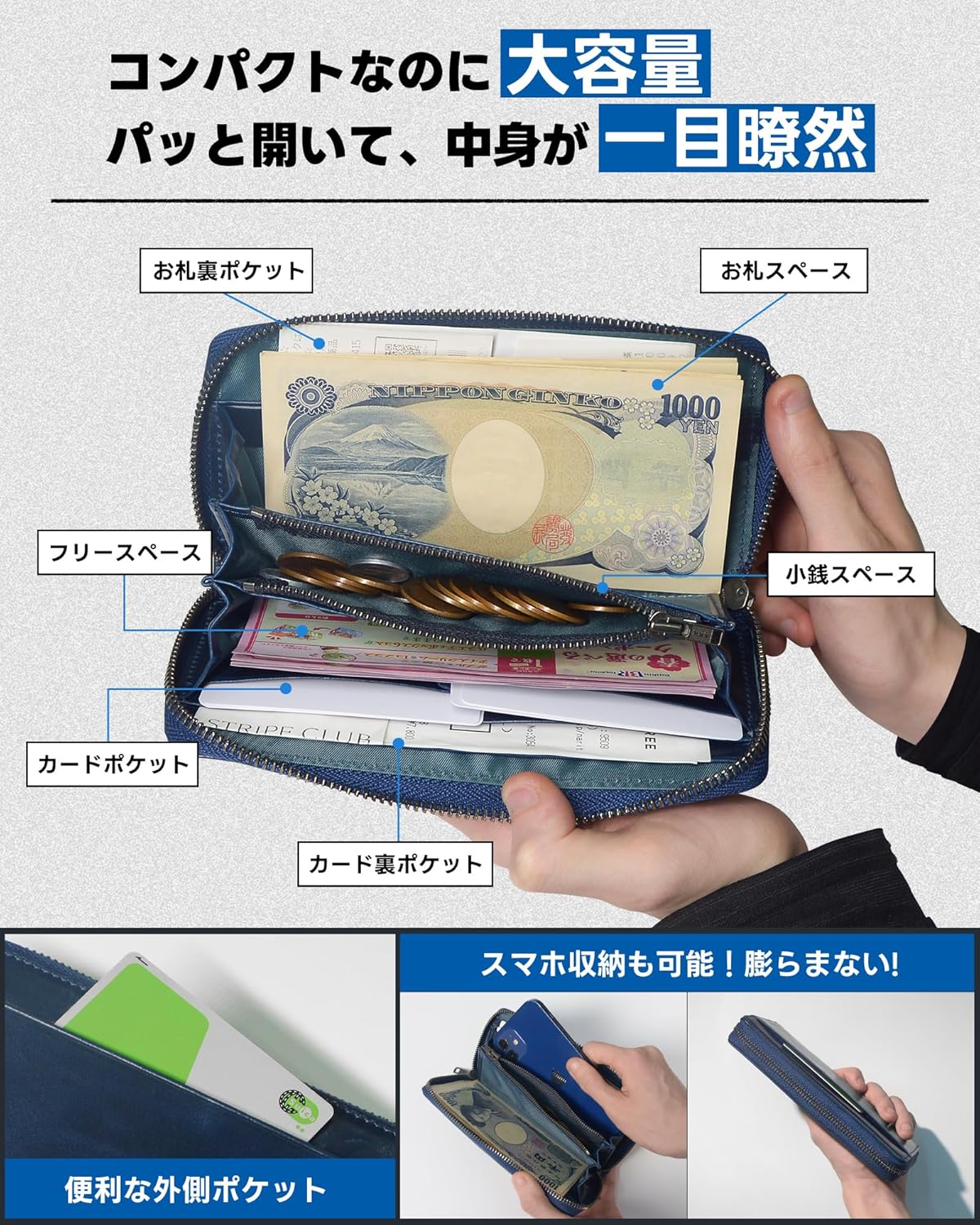 [Modiko] Wallet Men's Long Wallet Himeji Leather Genuine Leather Made in Japan Small Long Wallet Large Capacity Made by First-Class Wallet Craftsmen Gusset Coin Compartment Zipper Easy to Use Thin