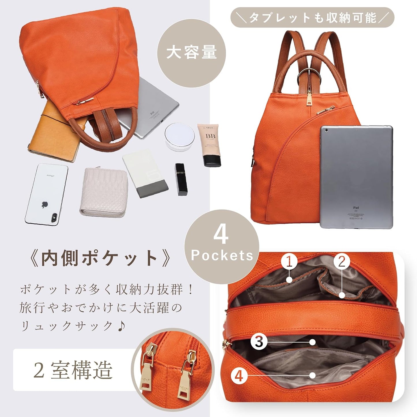 Guscio Basic 120406 Leather-like 3-Way Bag, Backpack x Shoulder Bag x Handbag, Women's, Stylish, Multifunctional